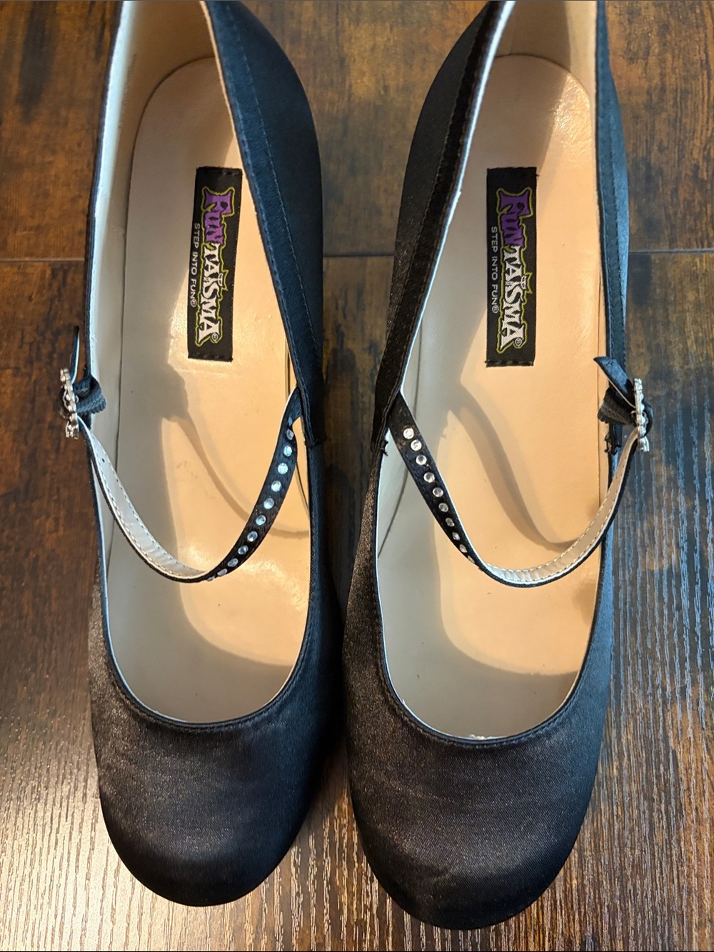 Miu Miu Black Satin Mary Jane Pumps with Crystal-Studded Strap